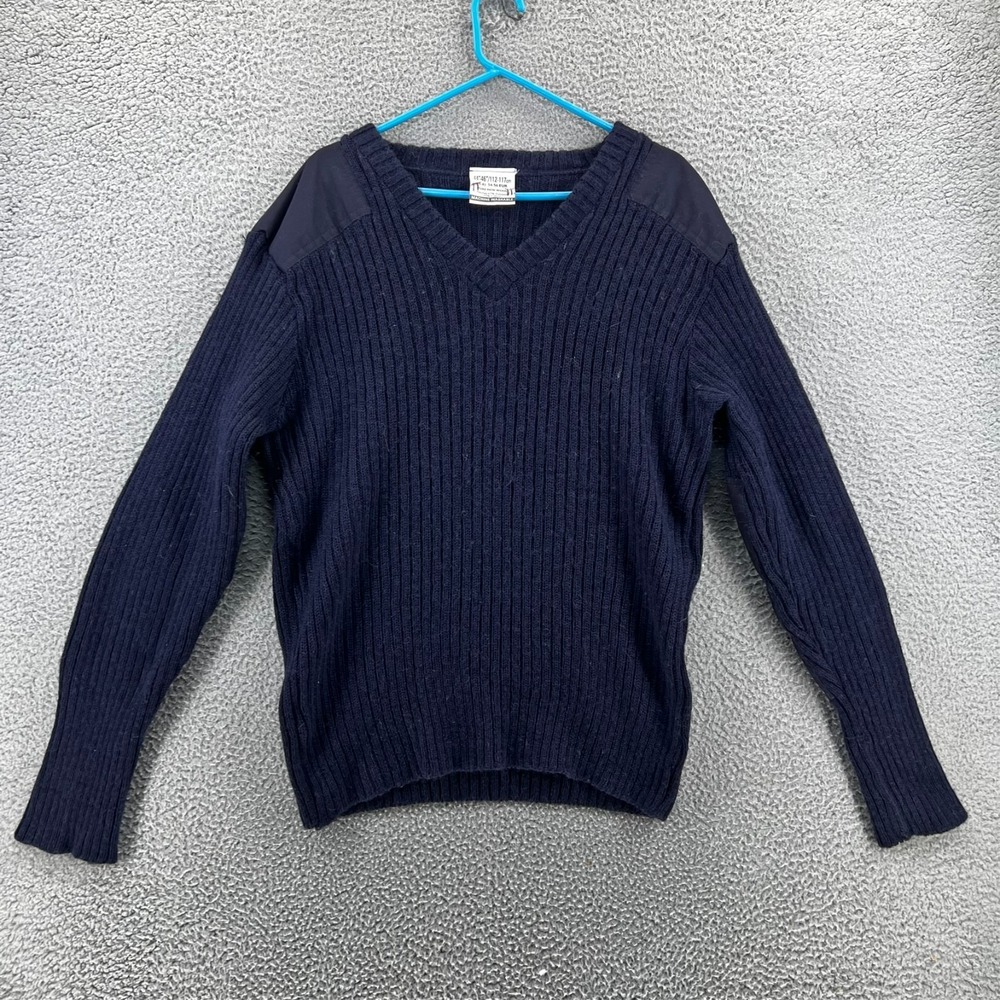 Military Sweater Men Large Blue Ribbed Heavy Shoulder‎ Elbow Patch UK Commando